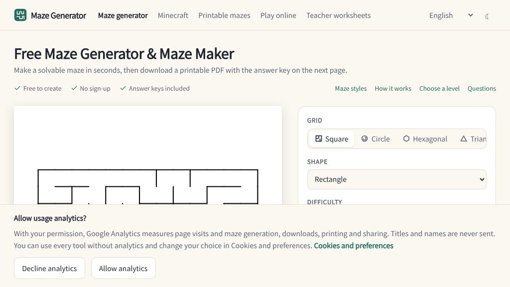 Screenshot of Free Maze Generator for Printable PDF, SVG, and PNG Puzzles