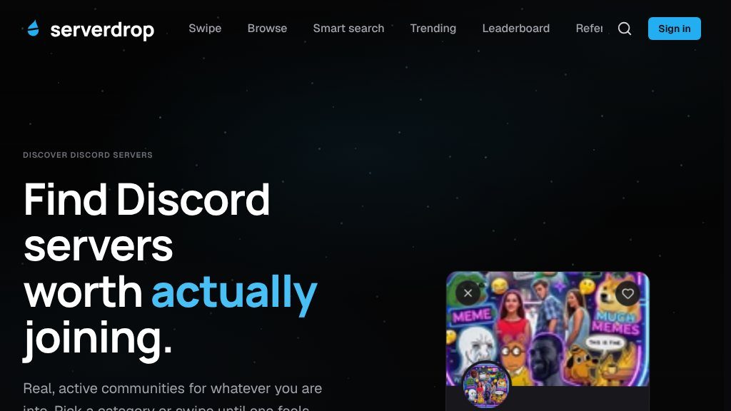 Screenshot of ServerDrop: Discover Discord Servers by Category and Swipe to Join