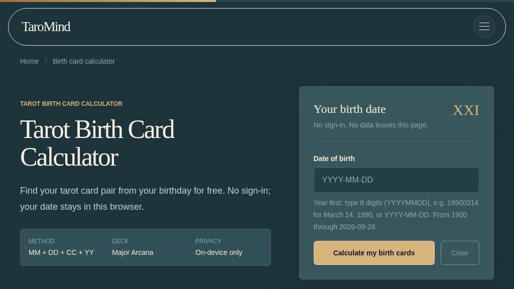 Screenshot of TaroMind AI Tarot Birth Card Calculator: Find Your Major Arcana Pair