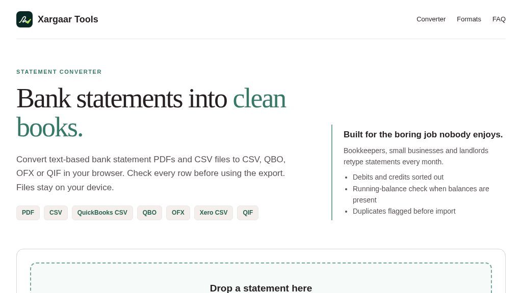 Screenshot of Xargaar Tools Statement Converter: Browser-Based Bank File Conversion