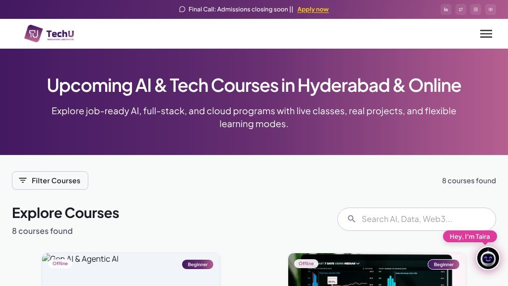 Screenshot of Tech U Courses: Practical AI, Full-Stack, and Cloud Learning