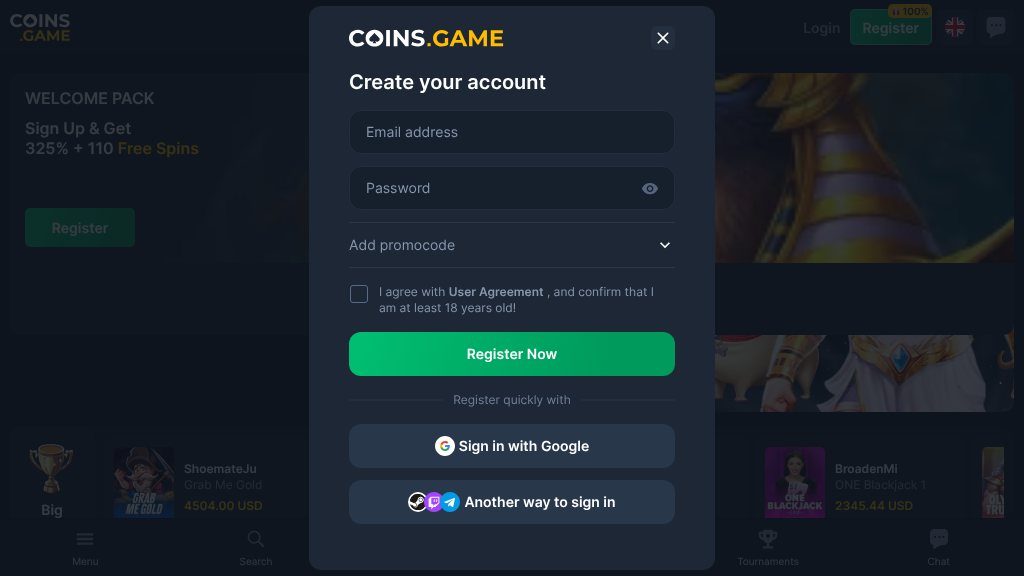 Screenshot of Coins.Game: Your New Destination for Crypto & Fiat Casino and Sports Betting