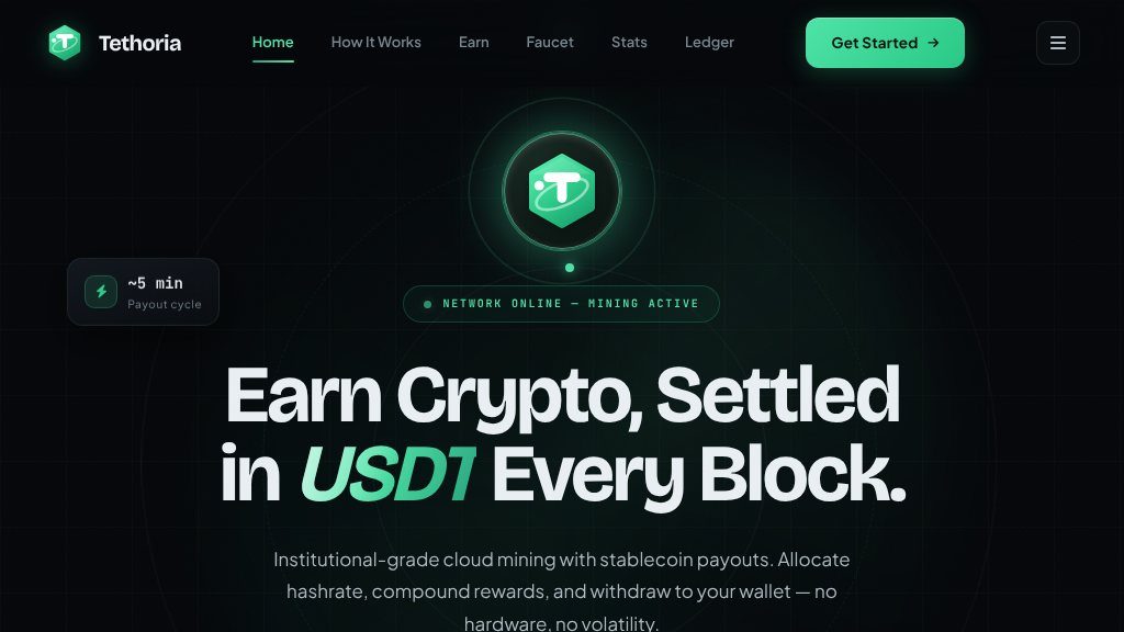 Screenshot of Tethoria Cloud Mining Service with USDT Settlements