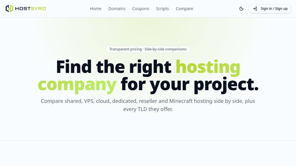 Screenshot of Hostsyro: Compare Web Hosting Plans, Providers, and TLDs