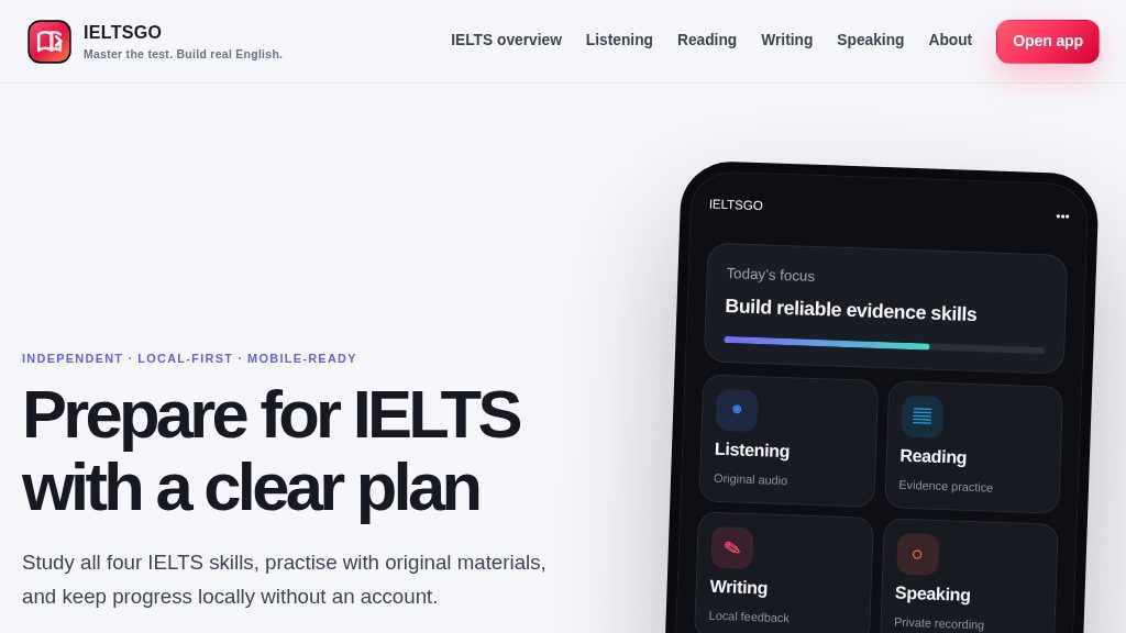 Screenshot of IELTSGO: Private, Local-First IELTS Preparation for All Four Skills