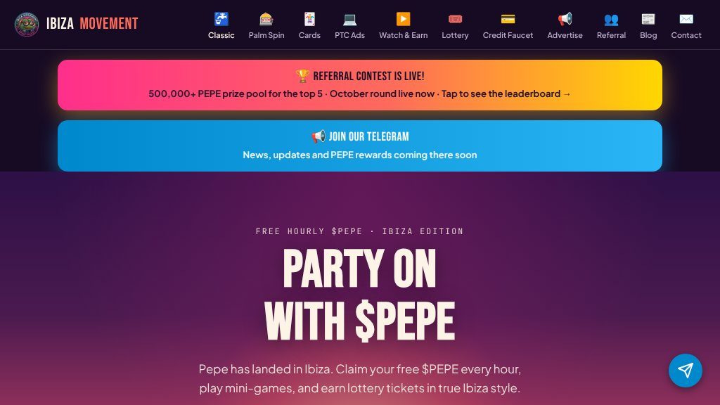 Screenshot of Ibiza Movement Review: Free PEPE Faucet, Lottery Tickets, and Crypto Rewards
