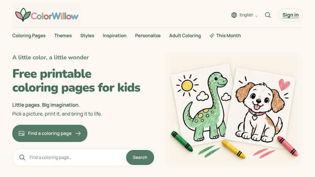 Screenshot of ColorWillow: Free Printable Coloring Pages and Photo-to-Outline Tools