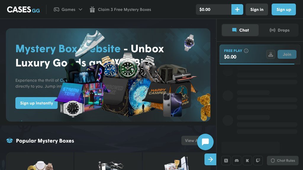 Screenshot of Cases.gg: Open Mystery Boxes, Win Big, and Upgrade Your Style!