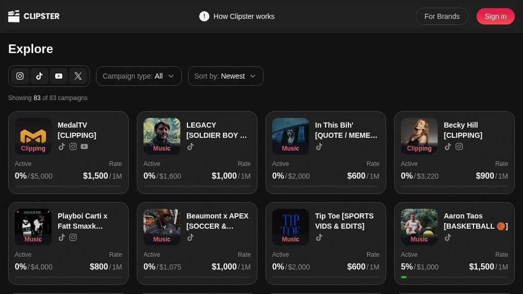 Screenshot of Clipster: Earn with Paid Brand Campaigns on Your Favorite Platforms