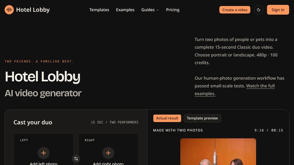 Screenshot of Hotel Lobby AI Video Generator: Create 15-Second Duo Videos from Two Photos