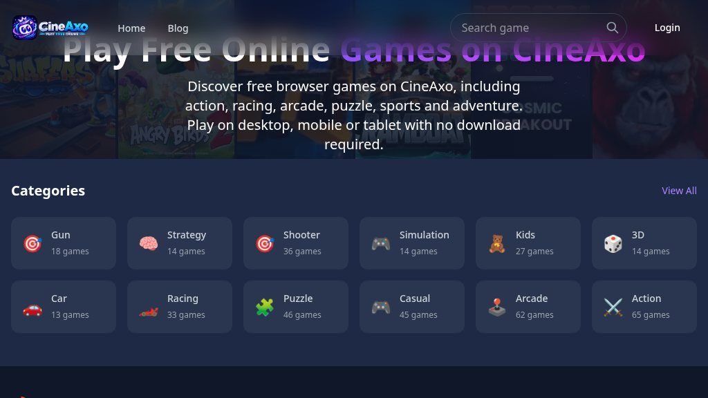 Screenshot of CineAxo Games: Free Browser Games for Action, Puzzle, Racing, and More