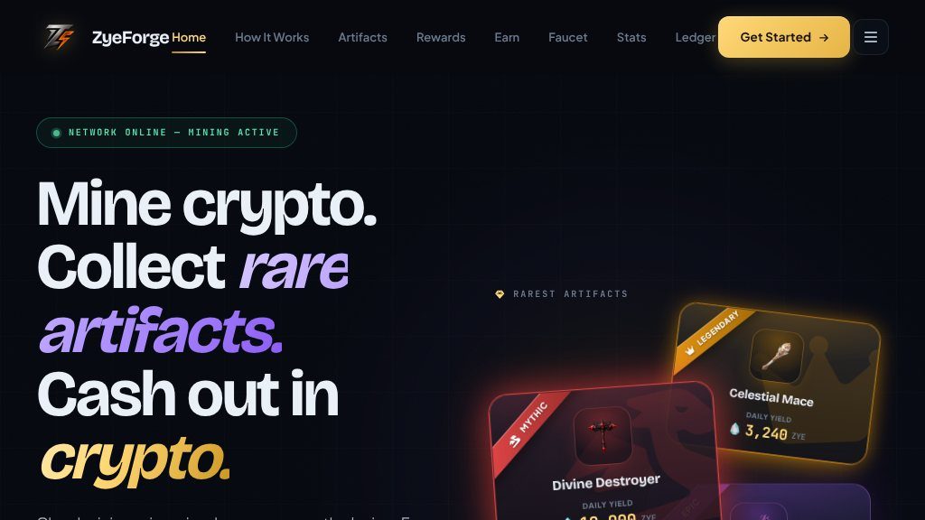 Screenshot of Explore ZyeForge: Earn Cryptocurrency by Mining and Collecting Digital Artifacts