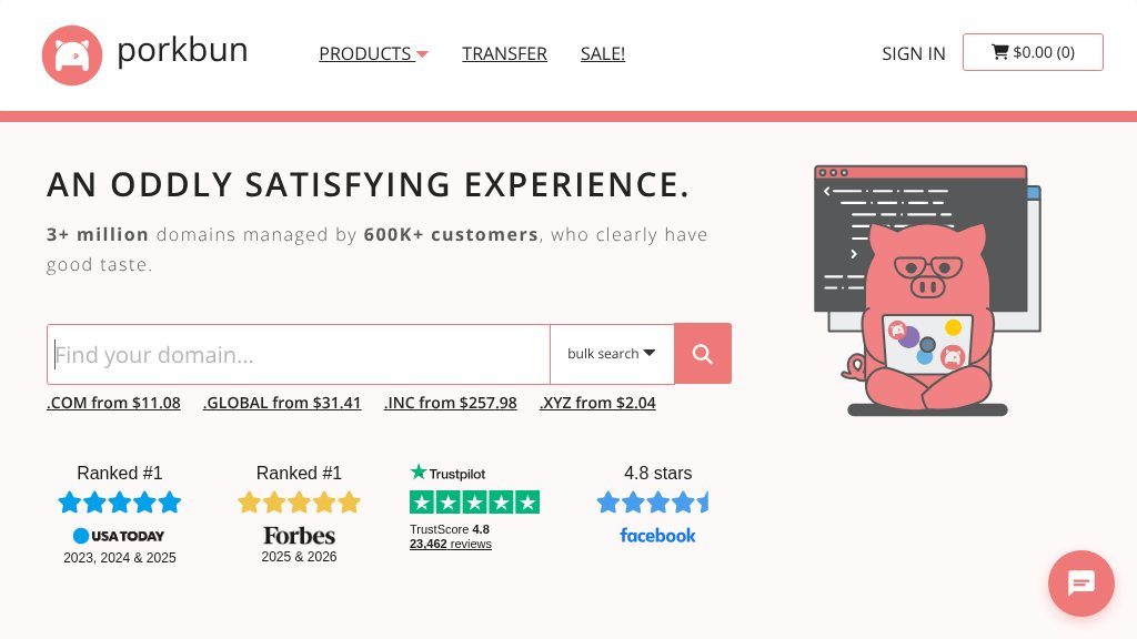 Screenshot of Porkbun: Simple, Affordable Domain Registration with a Friendly Touch