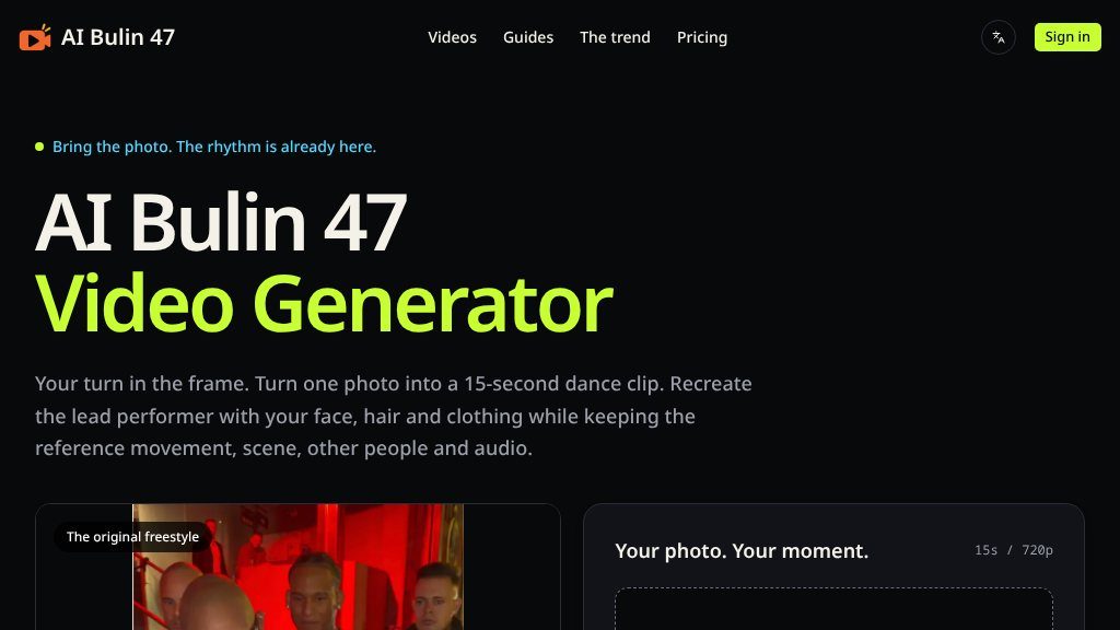 Screenshot of AI Bulin 47 Video Generator: Photo-to-Dance Clips in 15 Seconds