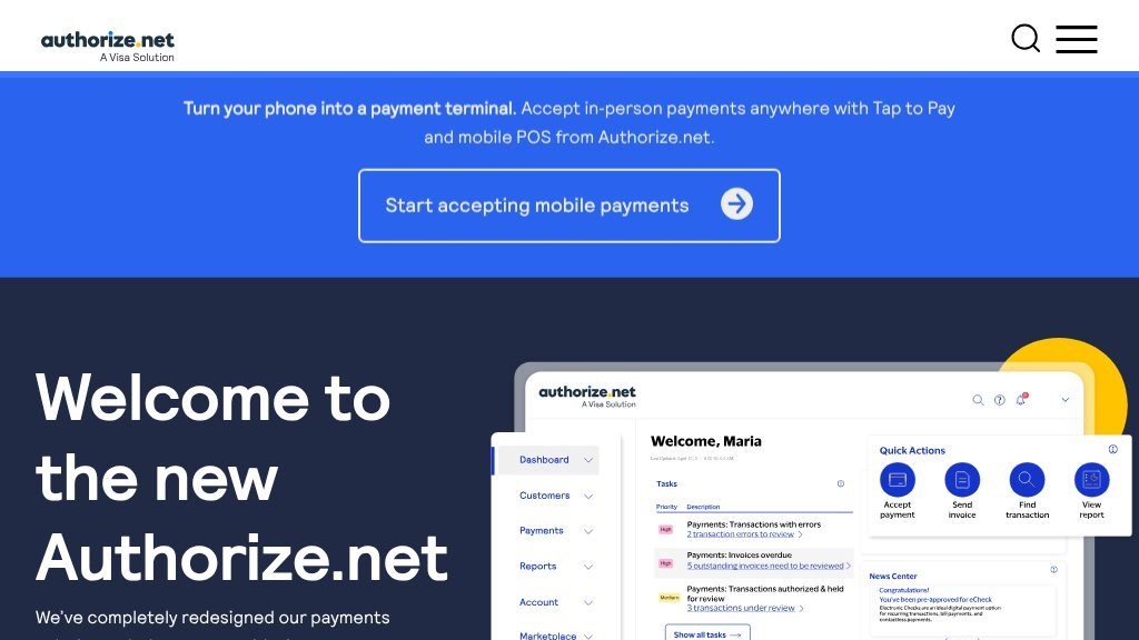 Screenshot of Authorize.net: Secure Online Payment Processing and Credit Card Solutions