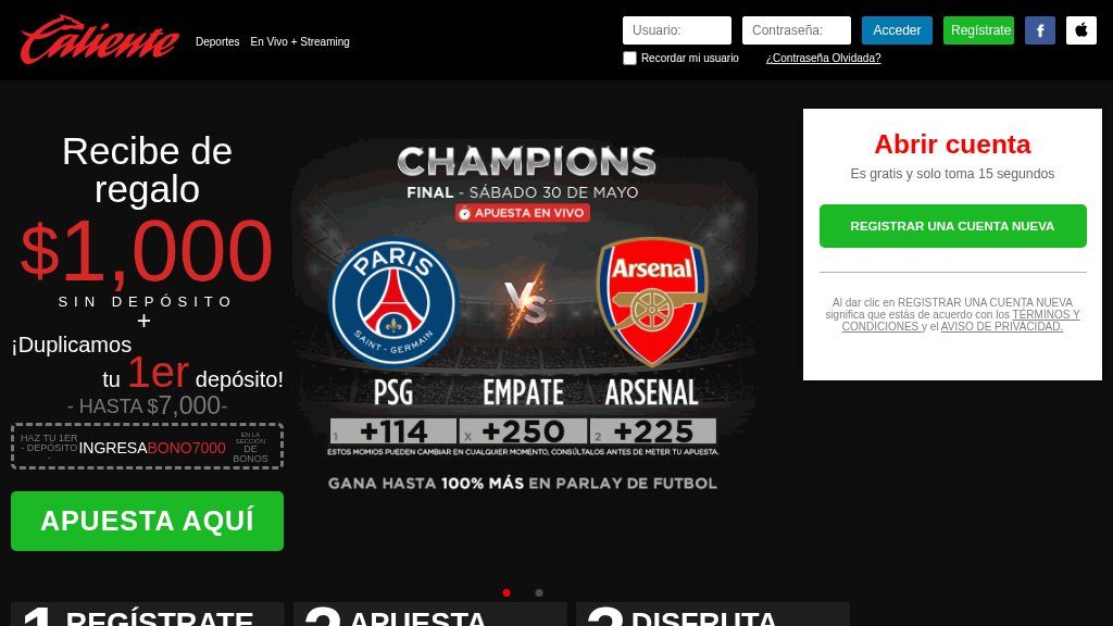 Screenshot of Caliente.mx: Your Destination for Live Sports Betting and Online Casino Action