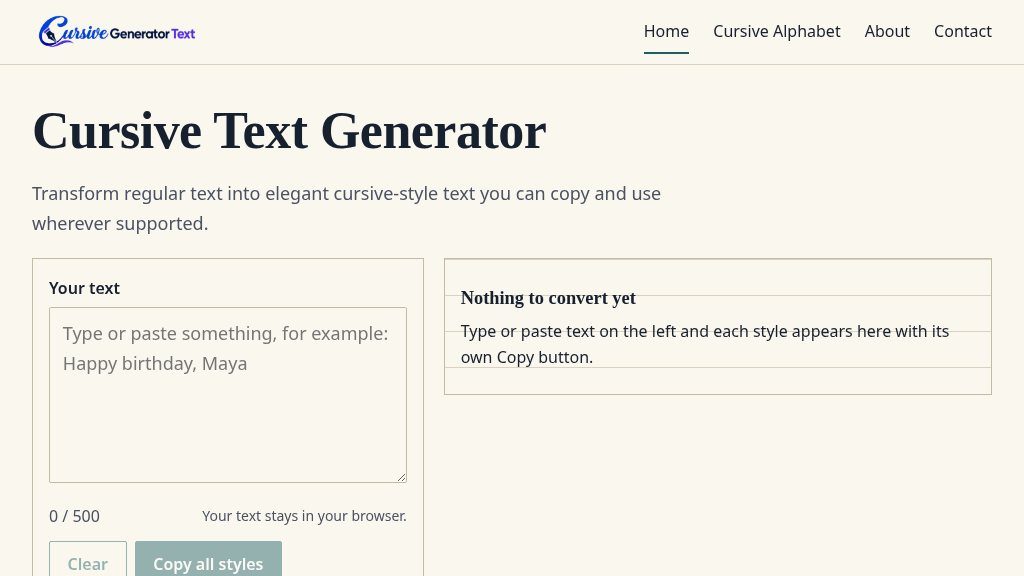 Screenshot of Cursive Text Generator: Free Unicode Cursive Fonts Online