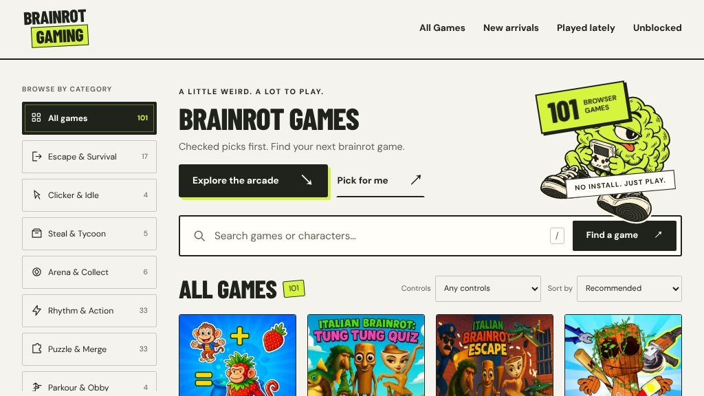 Screenshot of Brainrot Gaming: Free Browser Games Directory and Discovery Guide