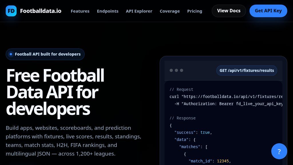 Screenshot of Footballdata.io: Football Data API for Fixtures, Scores, Standings, and Match Analytics