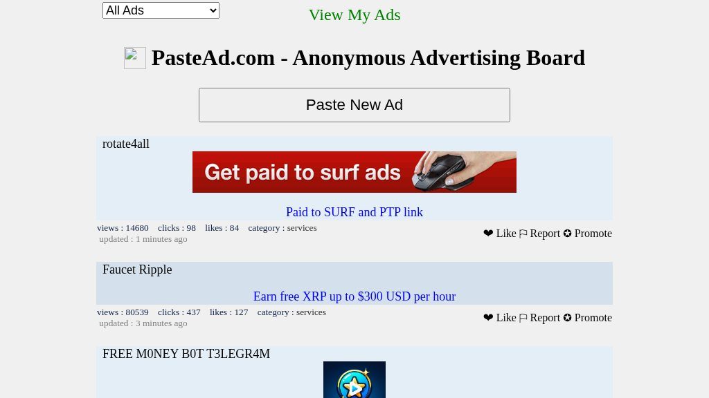 Screenshot of PasteAd.com: A Simple Anonymous Platform for Free Online Advertising