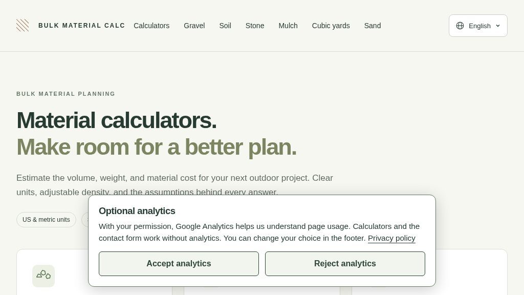 Screenshot of Bulk Material Calc: Outdoor Project Material Calculators
