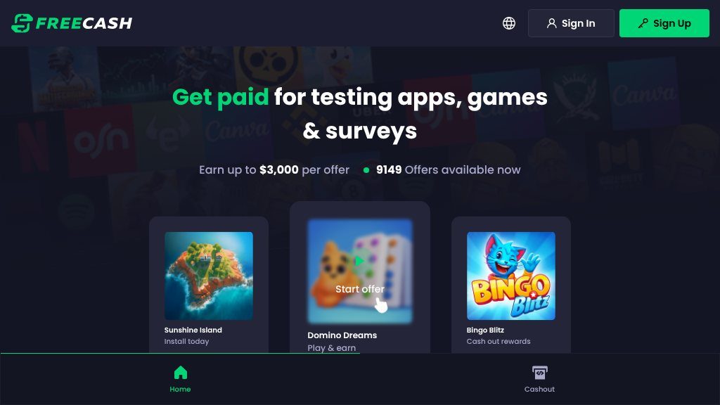 Screenshot of Freecash Review: Earn Real Rewards Online with Surveys, Games, and More