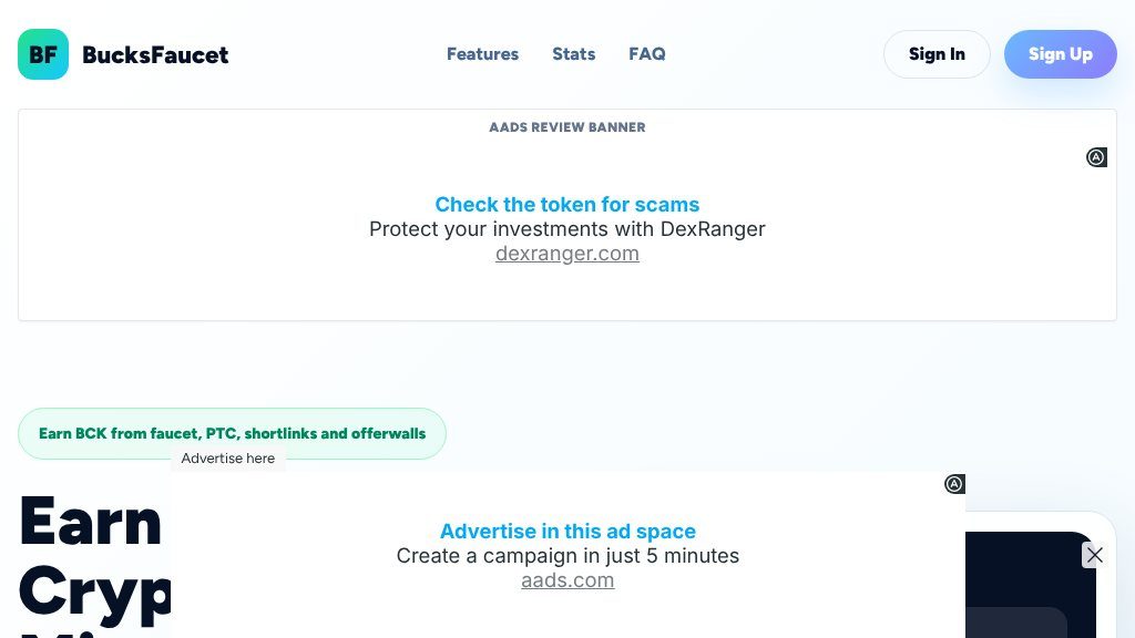 Screenshot of BucksFaucet Review: Cryptocurrency Faucet, Tasks, and BCK Rewards