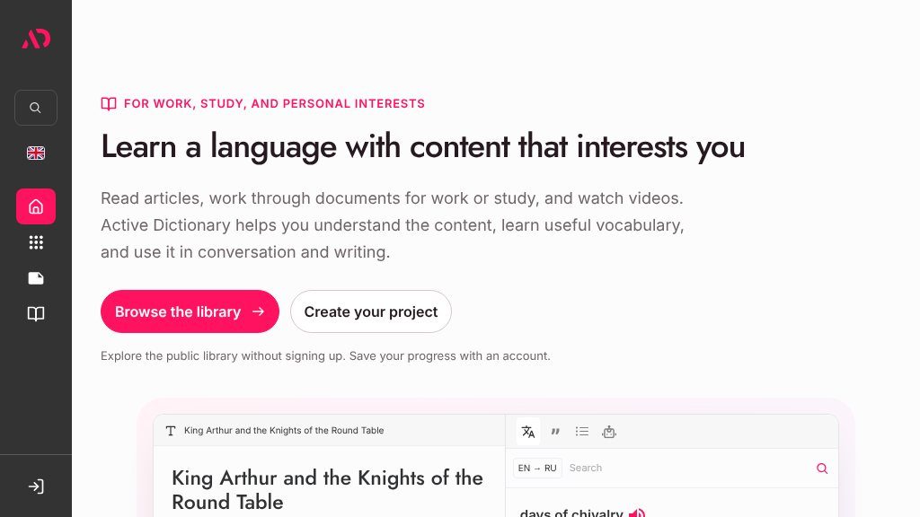 Screenshot of Active Dictionary Review: Learn Languages Through Texts, Videos, and Documents