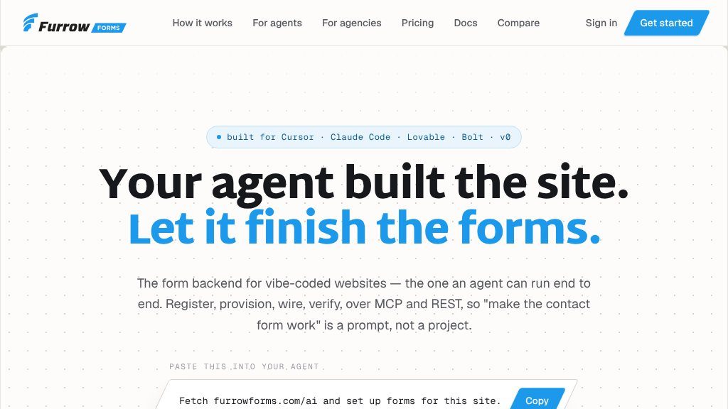 Screenshot of Furrow Forms: Agent-Operable Form Backend for AI-Built Websites