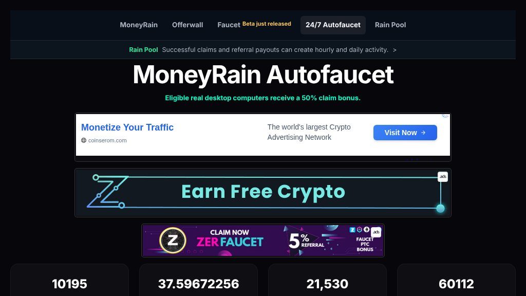 Screenshot of Moneyrain AutoFaucet Review: Recurring USDT Claims and Referral Rewards