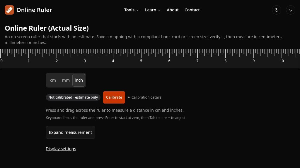 Screenshot of Online Ruler: Calibrated Screen Measurements in cm, mm, and Inches