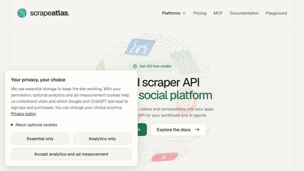 Screenshot of ScrapeAtlas Review: Social Media Data API for Developers and AI Workflows