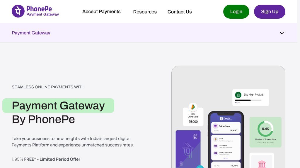 Screenshot of PhonePe Payment Gateway: Zero-Fee Payment Processing with Easy Integration