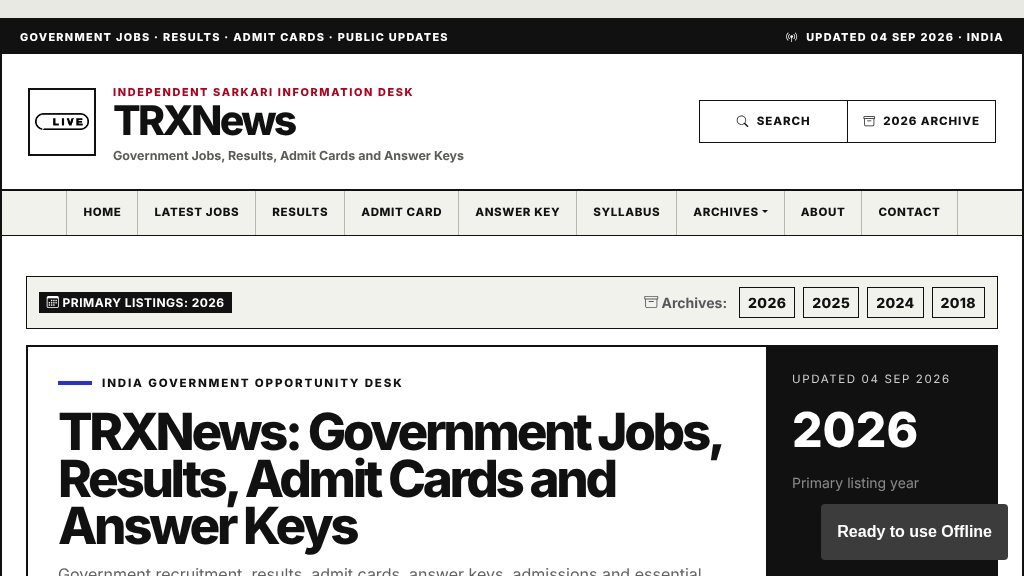 Screenshot of TRXNews: India Government Jobs, Results, Admit Cards and Exam Updates