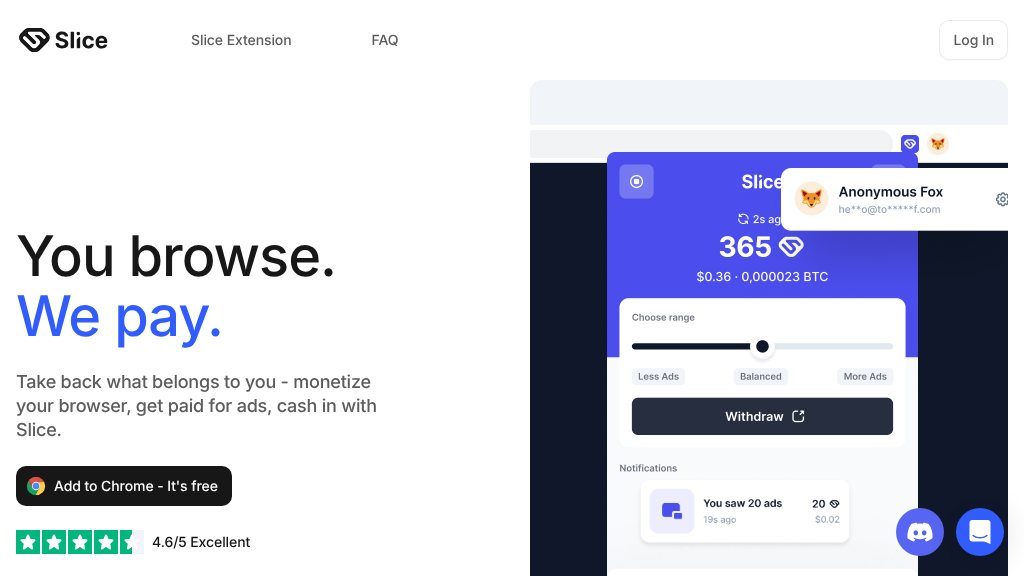 Screenshot of Slice Browser Extension: Earn from Online Browsing with Ad Revenue Sharing