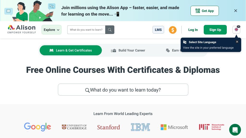 Screenshot of Alison: Explore Free Online Courses and Earn Certificates to Boost Your Career