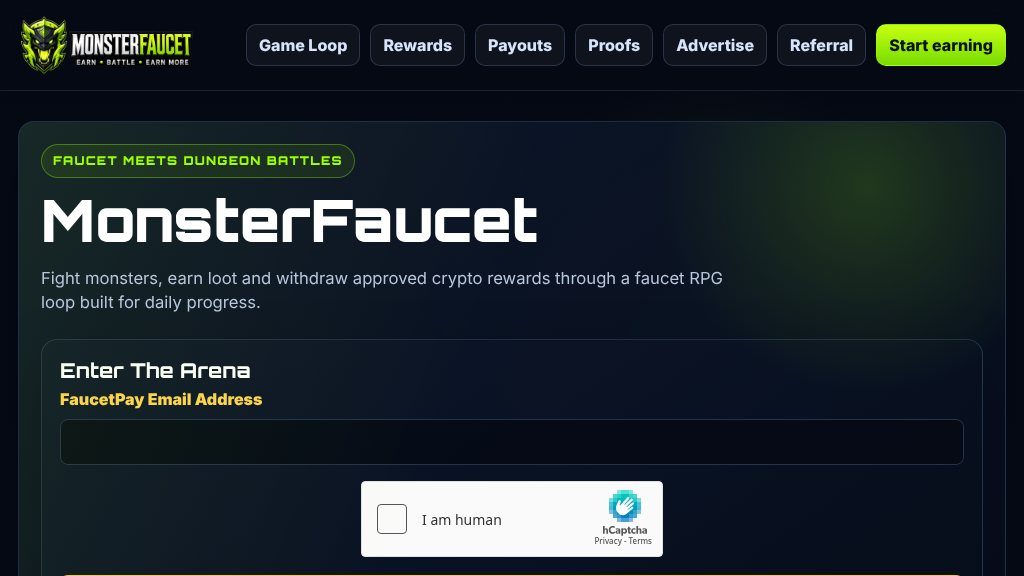 Screenshot of MonsterFaucet Review: Faucet RPG Battles, Crypto Rewards, and Daily Progress