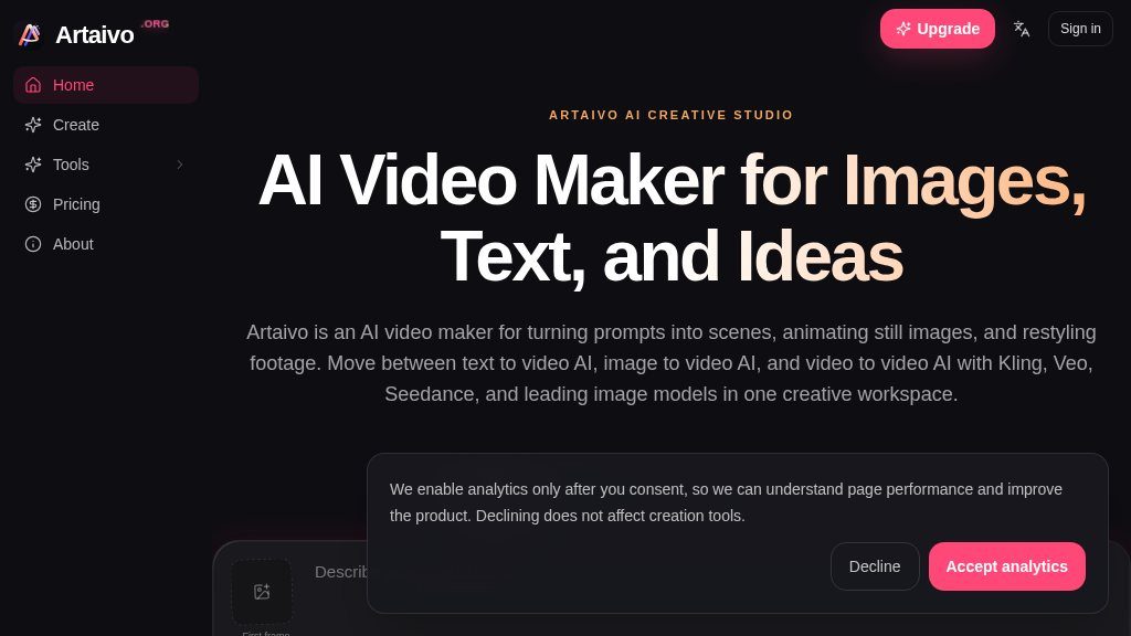 Screenshot of Artaivo AI Creative Studio: Video, Image, Avatar, and Audio Tools
