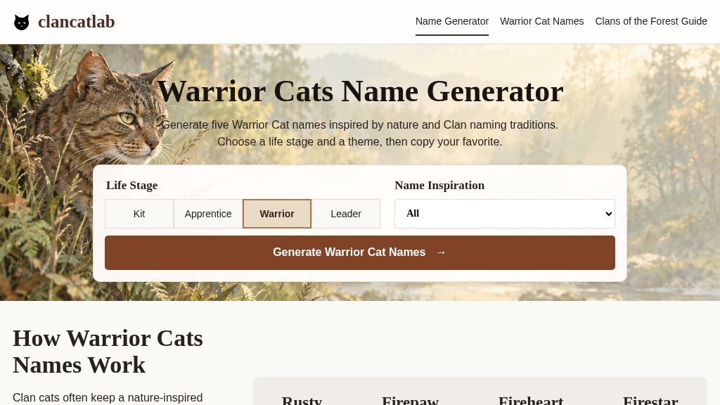 Screenshot of Warrior Cats Name Generator for Original Characters