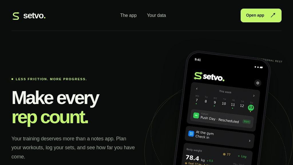 Screenshot of Setvo Overview: A Focused Space for Workouts and Progress Tracking