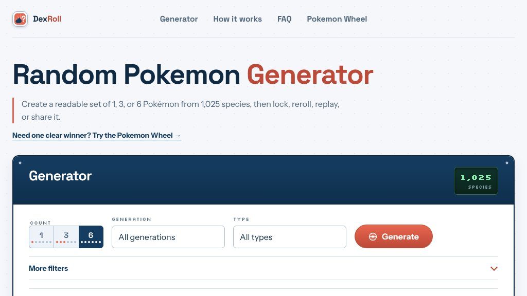 Screenshot of Random Pokémon Generator with Generation, Type, and Seed Filters