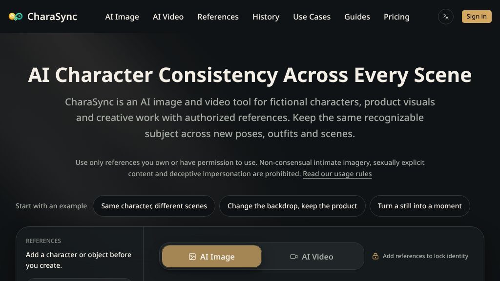 Screenshot of CharaSync: AI Character Consistency for Images and Videos