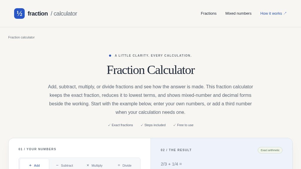 Screenshot of Fraction Calculator with Exact Answers and Step-by-Step Working