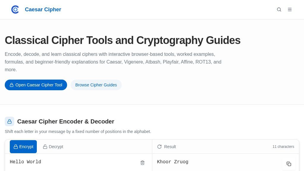Screenshot of CaesarCipher.org Review: Classical Cipher Tools and Cryptography Guides