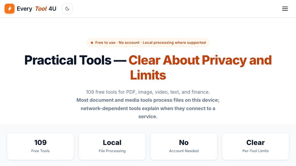 Screenshot of EveryTool4U Review: Free Online Tools for PDF, Image, Video, Text, and Finance Tasks