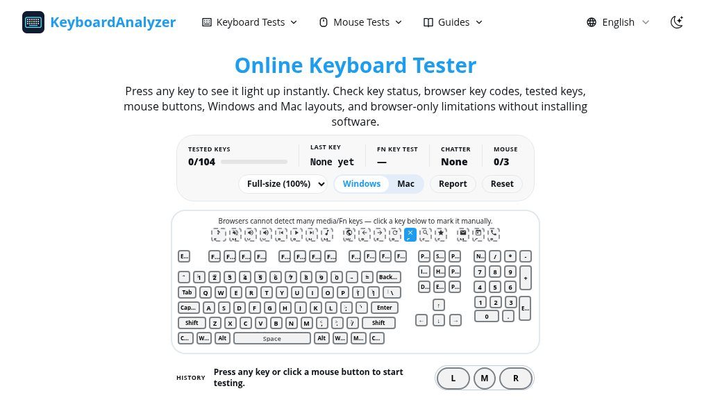 Screenshot of KeyboardAnalyzer Online Keyboard Tester: Check Keys, Codes, and Mouse Input