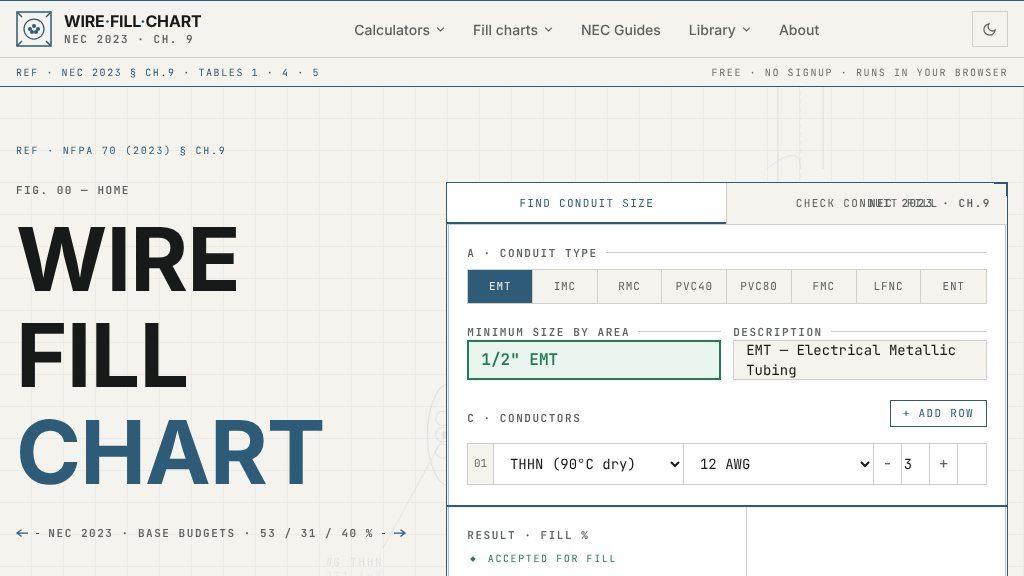 Screenshot of Wire Fill Chart & Conduit Fill Calculator for NEC 2023