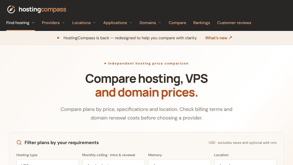 Screenshot of HostingCompass: Compare Hosting, VPS, Cloud Servers, and Domain Prices