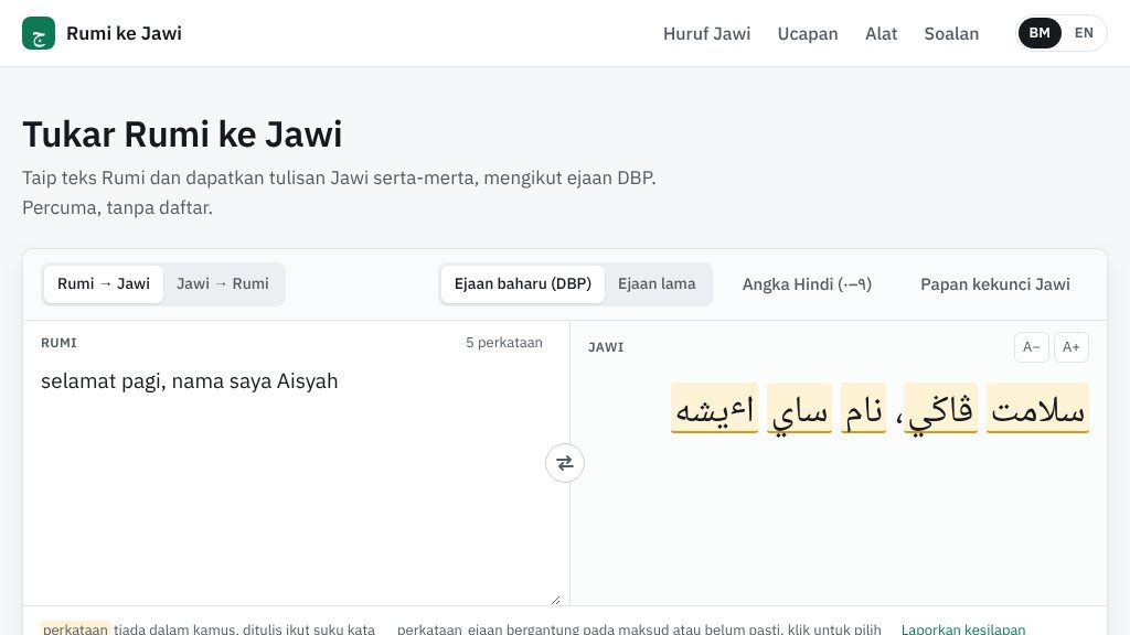 Screenshot of Rumi ke Jawi: Penukar Tulisan Dalam Talian Mengikut Ejaan DBP