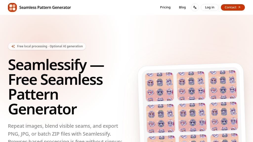 Screenshot of Seamlessify: Browser-Based Seamless Pattern Generator for Images
